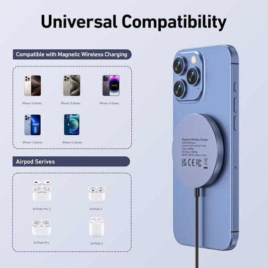 Magnetic Wireless Charger 15W Compatible with Magsafe Charger/Iphone 16/16 Pro/16 Plus/16 Pro Max/Iphone 15 Pro Max Plus/Iphone 14 13 12 Series, Wireless Mag Safe Charging Pad, Mag Charger
